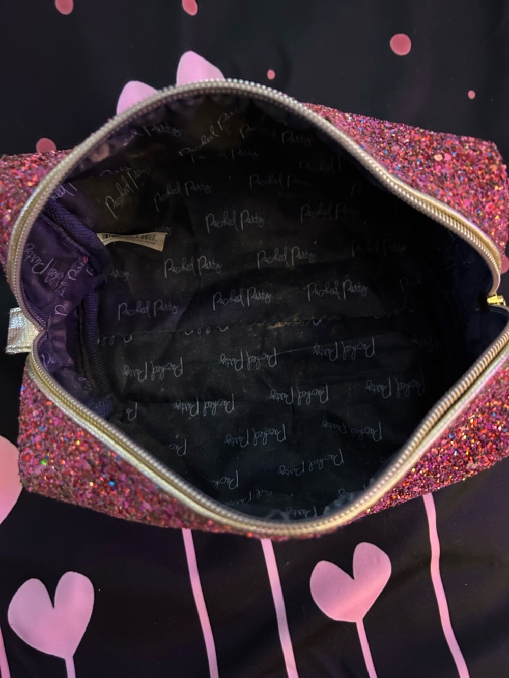 Rachel Parcell Pink Multi Glitter Cosmetic Pouch with Gold Logo - Picture 3 of 4